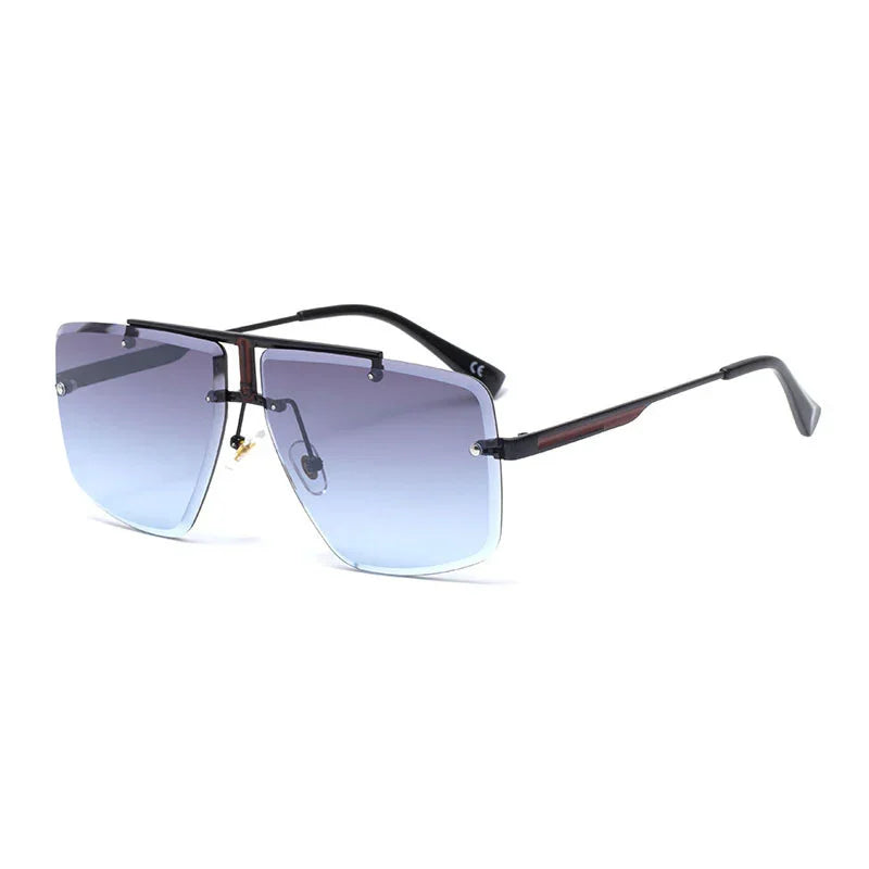 Modern rimless square sunglasses with blue gradient lenses and black thin temples