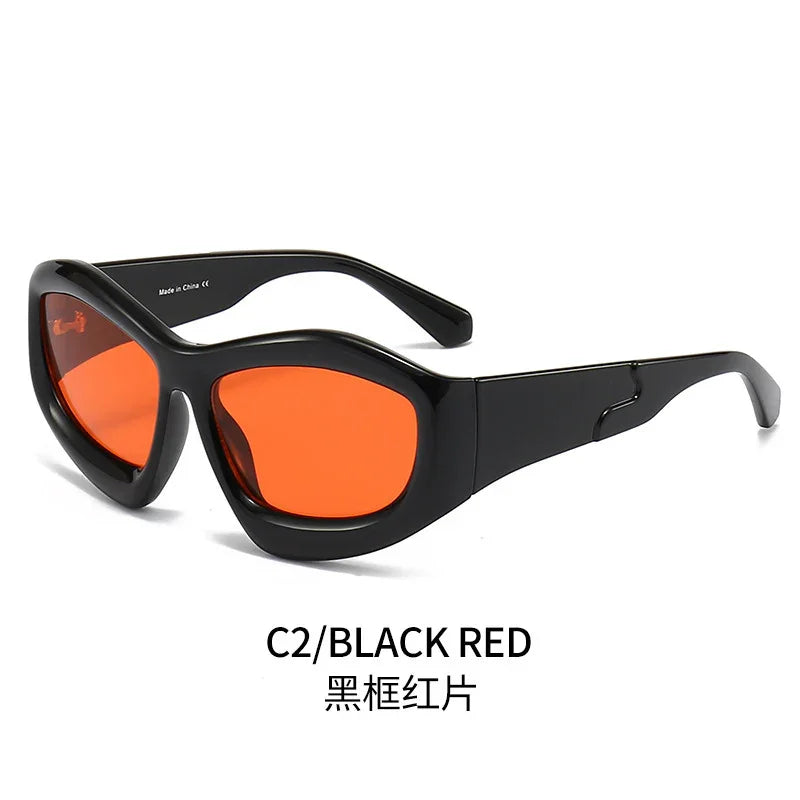 Black frame sunglasses with red lenses on white background, modern eyewear style