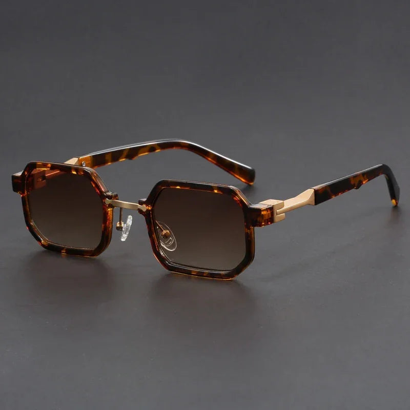 Fashionable square tortoiseshell sunglasses with gold-tone metal temples and gradient brown lenses