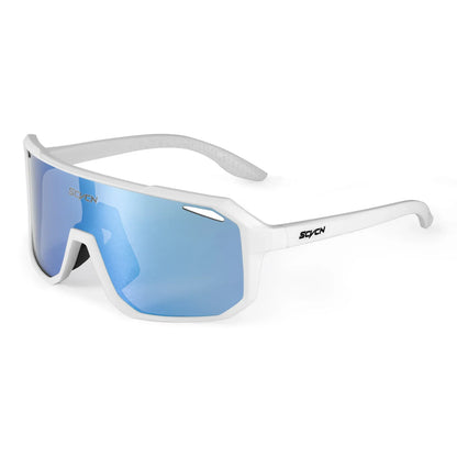 White sports sunglasses with blue mirrored wraparound lenses and vented frame design