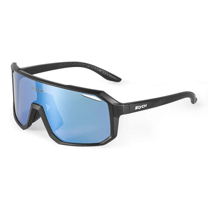 Black and blue wraparound sports sunglasses with polarized reflective lenses and angular frame