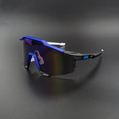 Sport sunglasses with blue frame and black tinted lens on black background