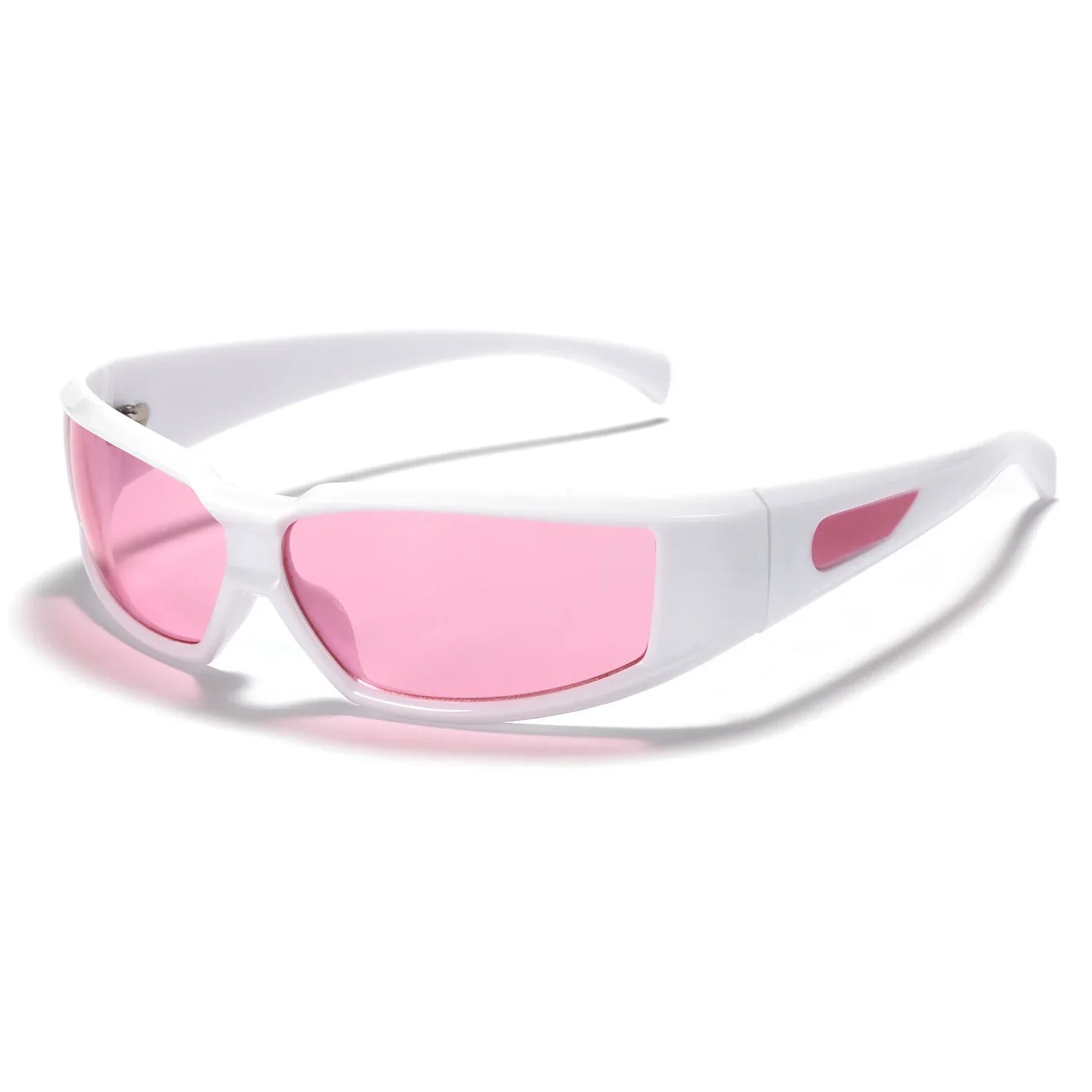 White sporty sunglasses with pink tinted lenses and matching pink accents on the temples
