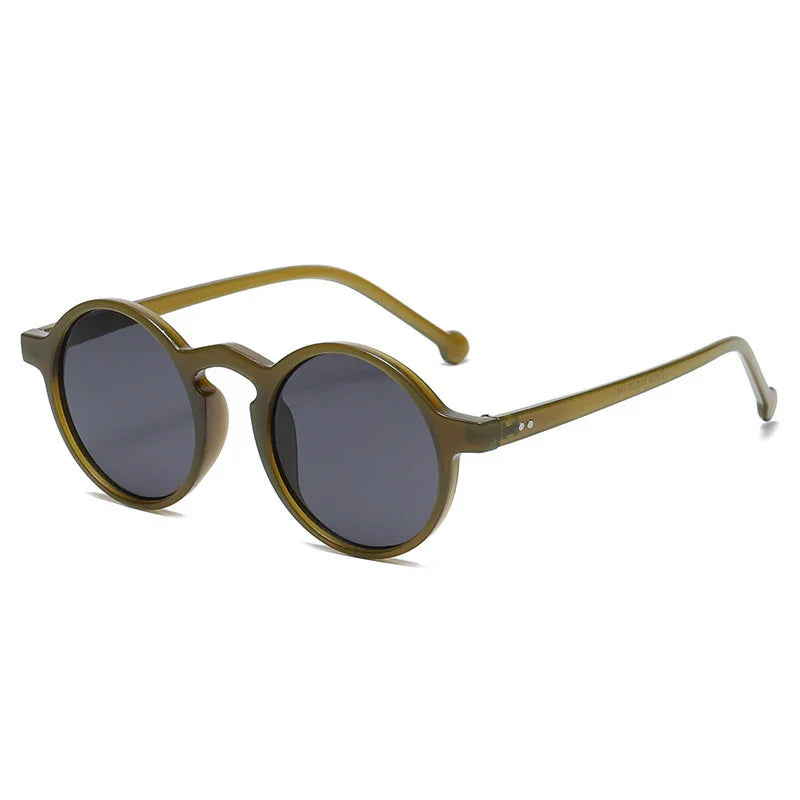 Round sunglasses with olive green translucent frame and dark lenses on white background