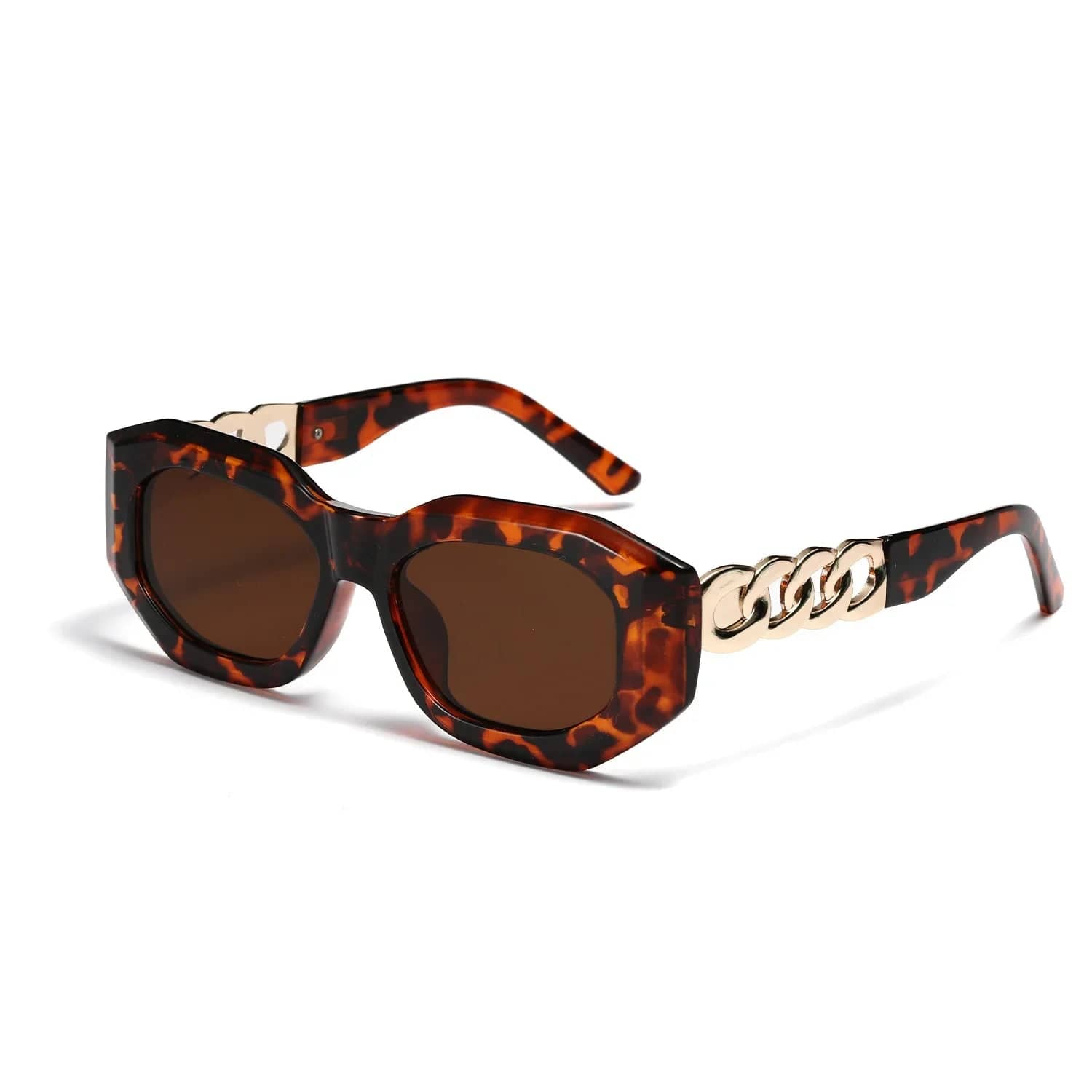 Tortoiseshell oversized hexagon sunglasses with brown lenses and gold chain accents on arms