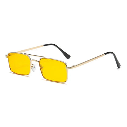 Rectangular yellow lens sunglasses with gold metal frame and black temple tips on white background