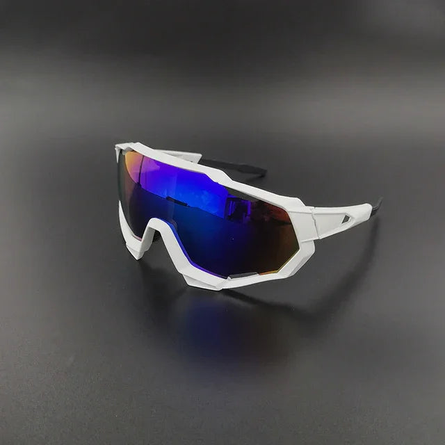 White frame sports sunglasses with blue mirrored lenses on a black background