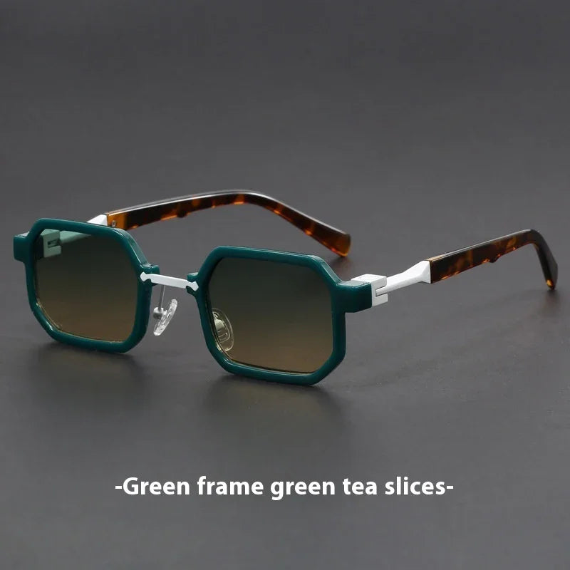 Geometric sunglasses with green octagonal frames, gradient lenses, and tortoiseshell arms