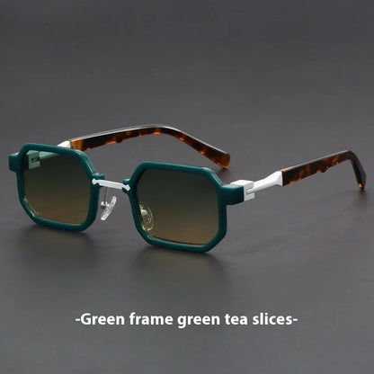Geometric sunglasses with green octagonal frames, gradient lenses, and tortoiseshell arms