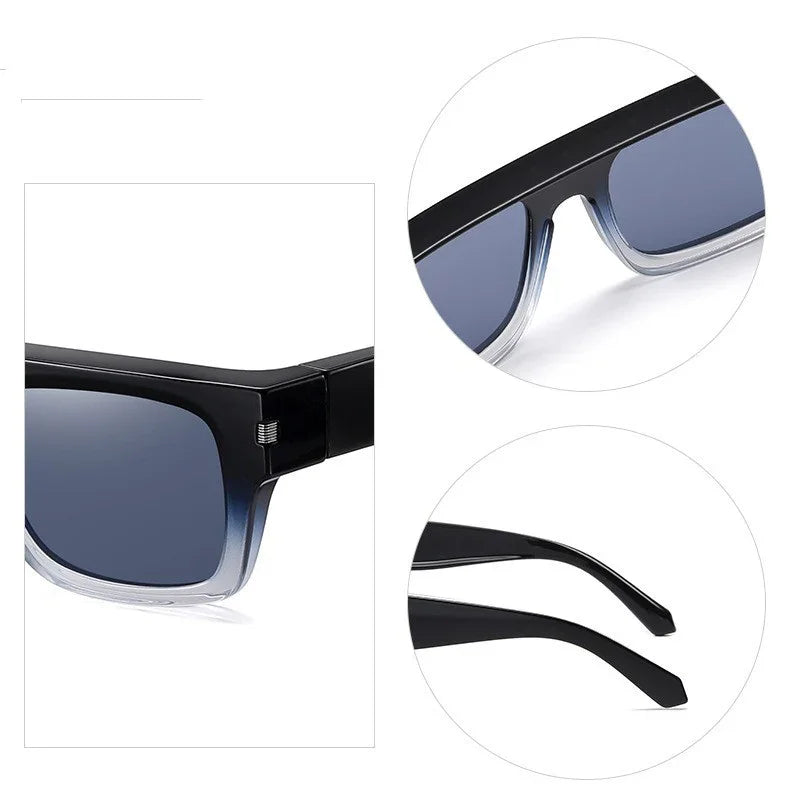 Close-up of stylish black and clear gradient sunglasses with dark lenses and angled temples