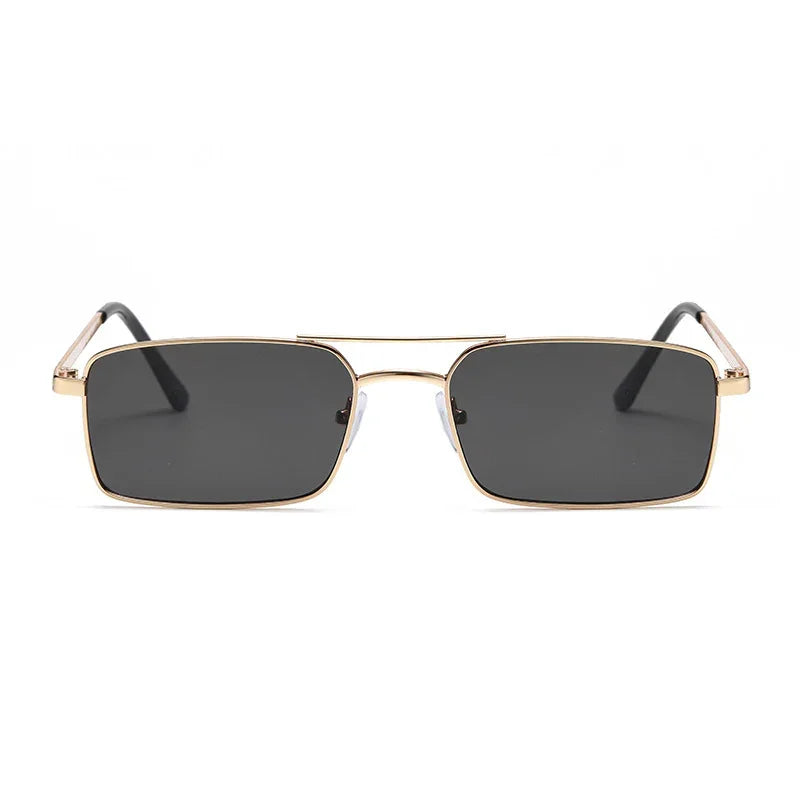 Rectangular black lens sunglasses with thin gold metal frames and black temple tips on white background