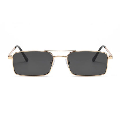 Rectangular black lens sunglasses with thin gold metal frames and black temple tips on white background