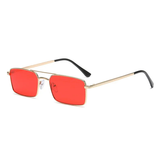 Rectangular sunglasses with red lenses and thin gold metal frames on white background