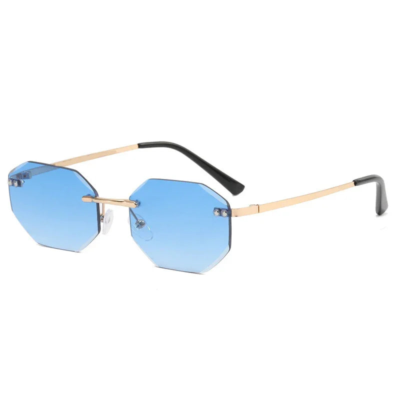 Octagonal blue gradient lens sunglasses with thin gold metal frame and black temple tips
