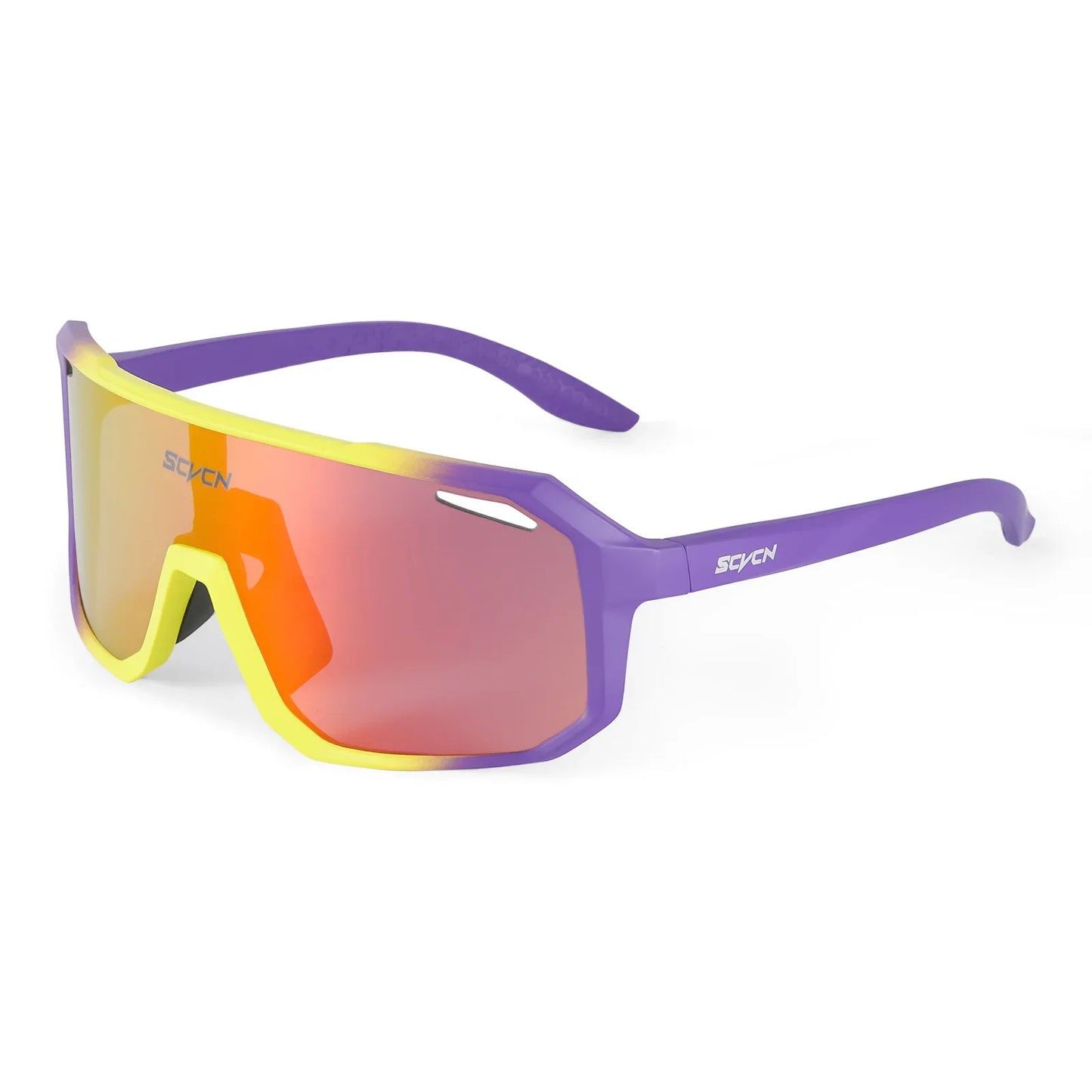 Purple and yellow sports sunglasses with large orange reflective lens and vented design