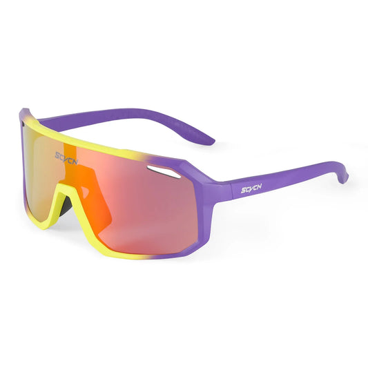 Purple and yellow sports sunglasses with large orange reflective lens and vented design