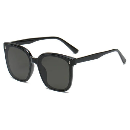 black square frame sunglasses with dark lenses on white background
