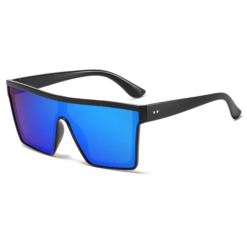 Black frame sunglasses with large blue mirrored shield lenses and angular design