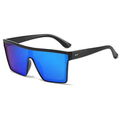 Black frame sunglasses with large blue mirrored shield lenses and angular design