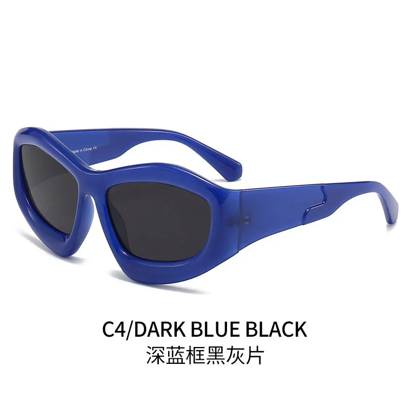 Dark blue black chunky oval sunglasses with thick frames and black lenses on white background