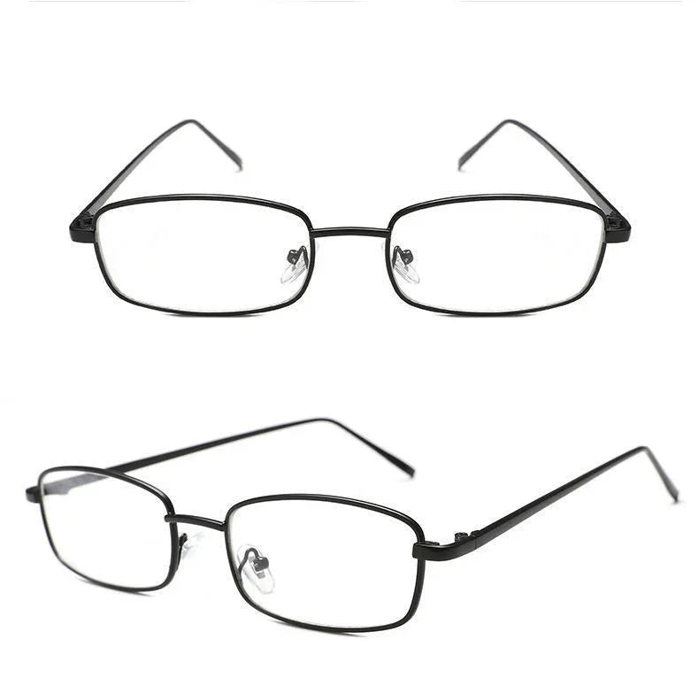 Black rectangular metal frame eyeglasses with clear lenses shown from front and angled view