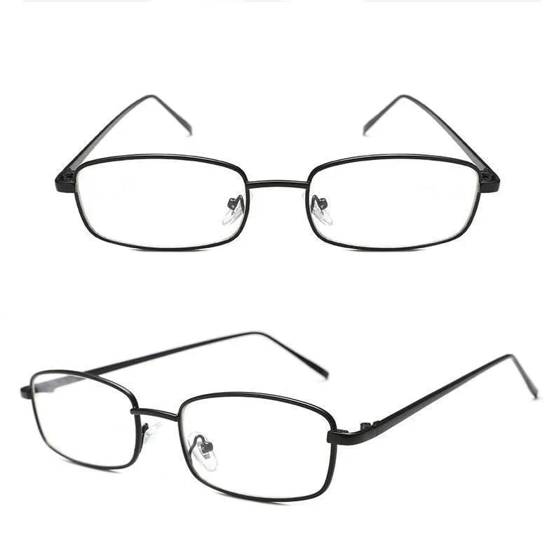 Black rectangular metal frame eyeglasses with clear lenses shown from front and angled view