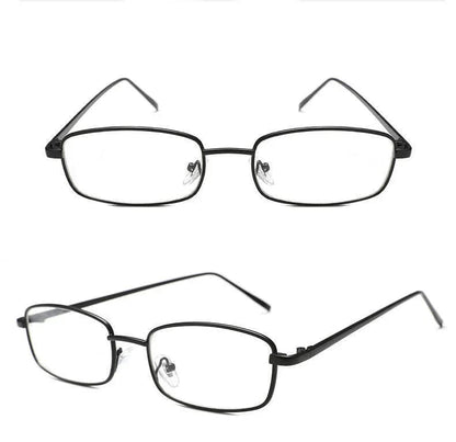 Black rectangular metal frame eyeglasses with clear lenses shown from front and angled view
