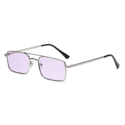 Rectangular eyeglasses with thin silver metal frame and light purple tinted lenses on white background