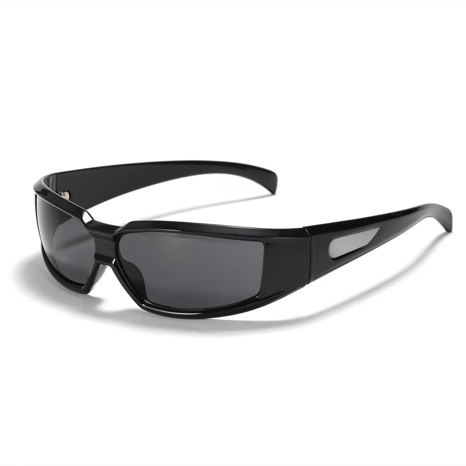 Black wraparound sport sunglasses with dark tinted lenses and side ventilation panels