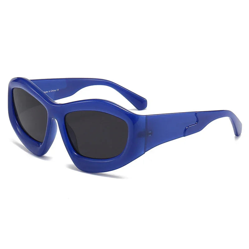 Chunky blue oval sunglasses with dark lenses on a white background