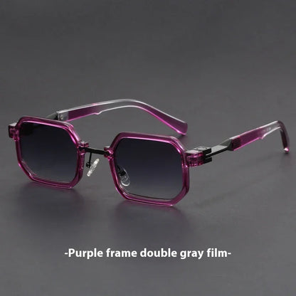 Geometric purple translucent sunglasses with gray gradient lenses on dark surface