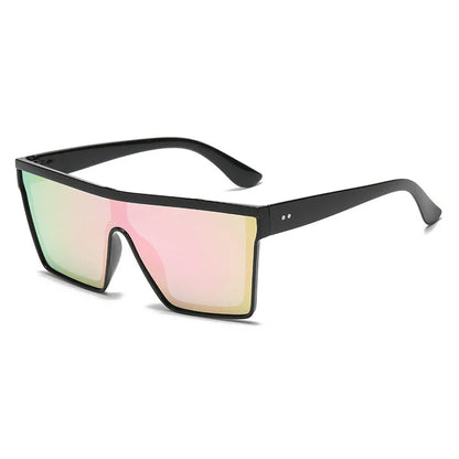 black frame oversized shield sunglasses with reflective pink and green gradient lenses