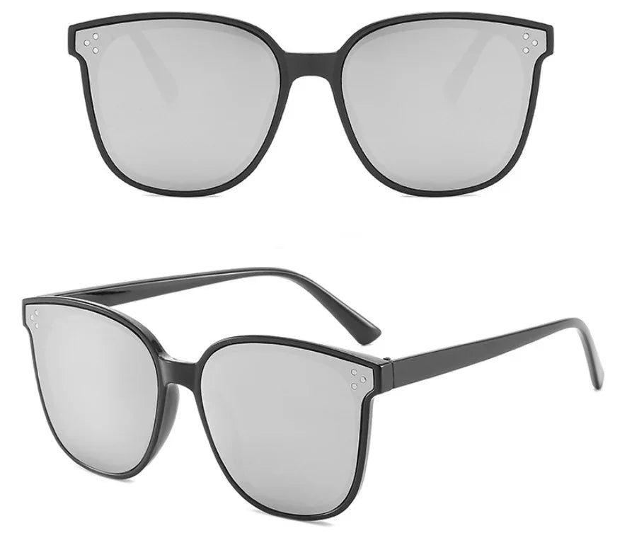 Black full-rim square sunglasses with reflective gray lenses shown front and angled view