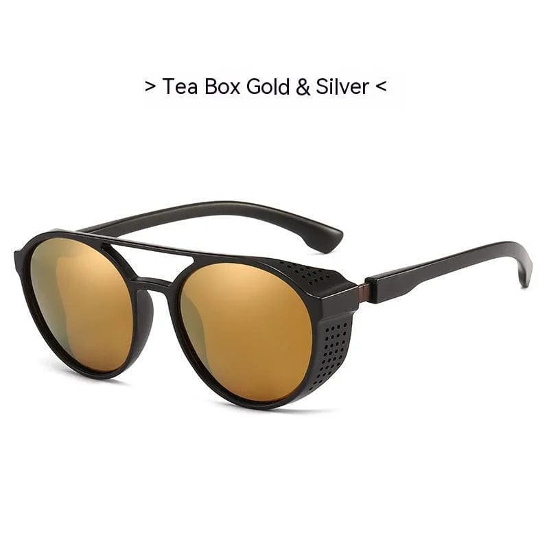 Black frame sunglasses with round gold mirrored lenses and side ventilation panels