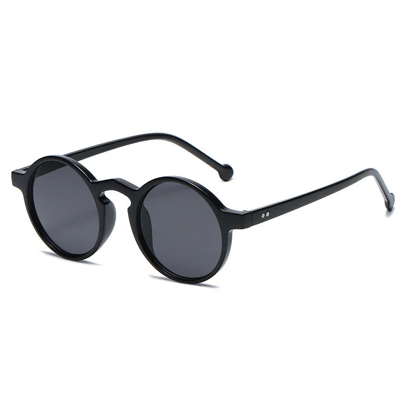 Black round frame sunglasses with dark lenses on white background