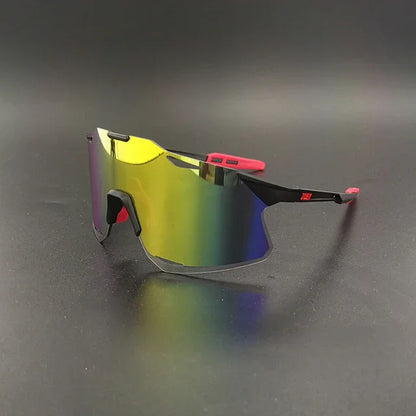 Sport sunglasses with yellow tinted mirrored lenses and black frame on dark background