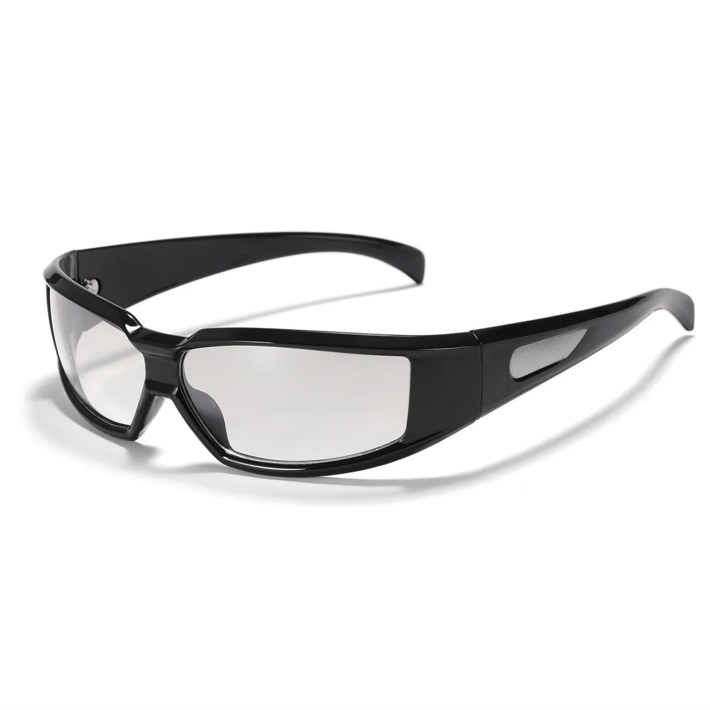 Black wraparound safety glasses with clear lenses and side shields on white background