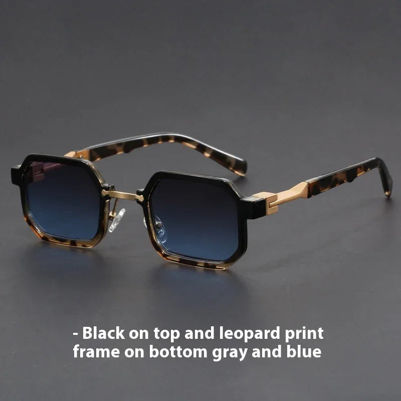 Stylish octagonal sunglasses with black and leopard print frames and blue gradient lenses on gray background