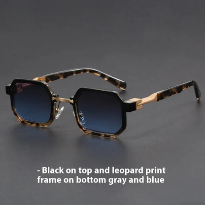 Stylish octagonal sunglasses with black and leopard print frames and blue gradient lenses on gray background