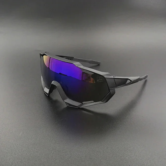 Futuristic black sports sunglasses with purple mirrored lens on black background