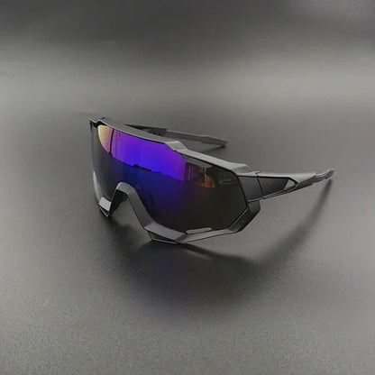 Futuristic black sports sunglasses with purple mirrored lens on black background