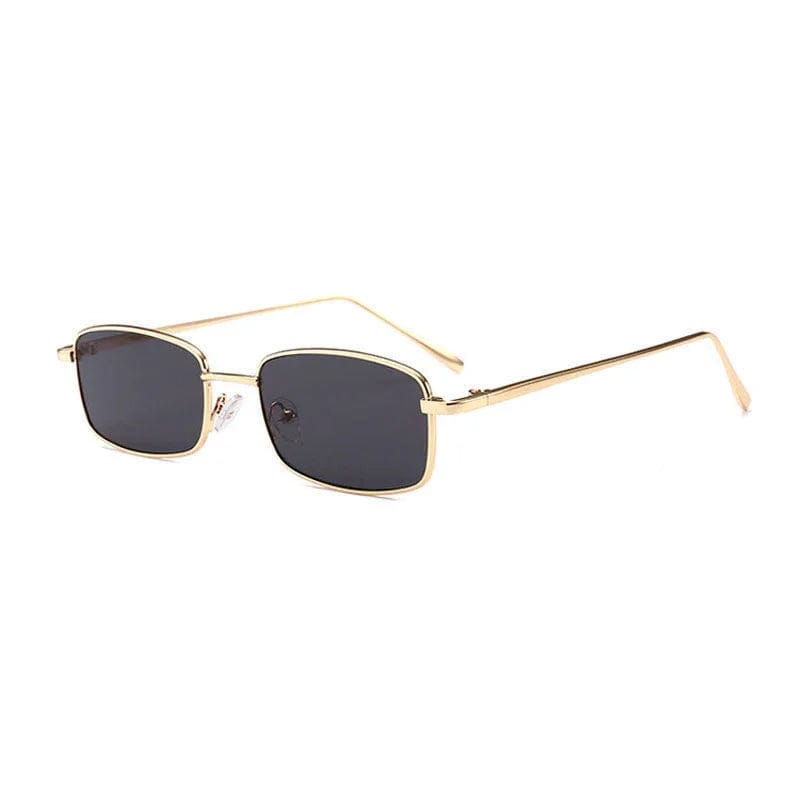 Rectangular sunglasses with gold metal frame and dark tinted lenses on white background