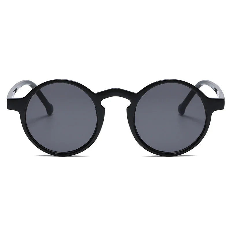 Round black frame sunglasses with dark tinted lenses on white background