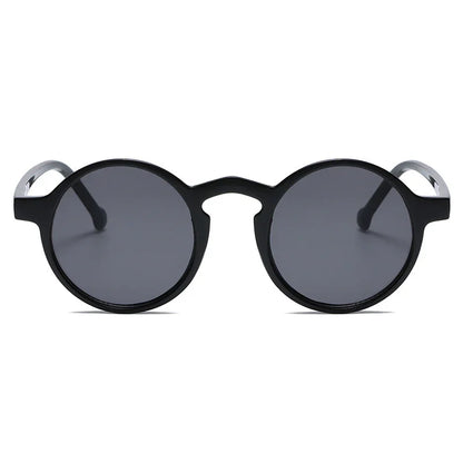 Round black frame sunglasses with dark tinted lenses on white background
