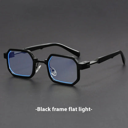 Black hexagonal frame glasses with blue-tinted lenses on dark background