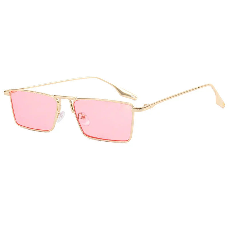 Gold metal frame sunglasses with rectangular pink tinted lenses and adjustable nose pads