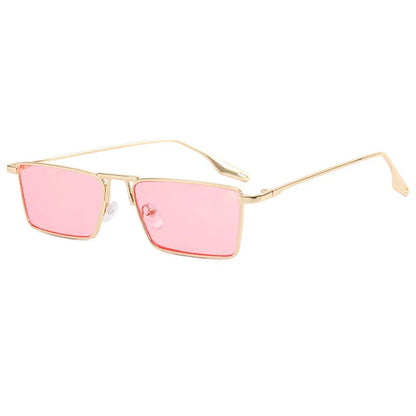 Gold metal frame sunglasses with rectangular pink tinted lenses and adjustable nose pads