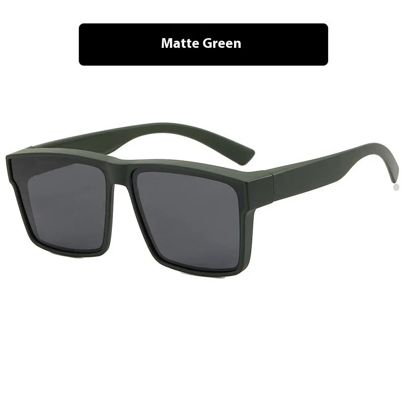 Matte green square frame sunglasses with dark tinted lenses on white background