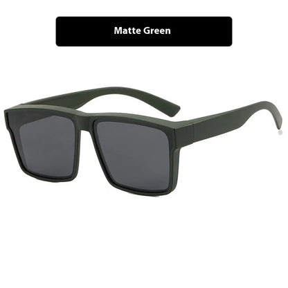Matte green square frame sunglasses with dark tinted lenses on white background