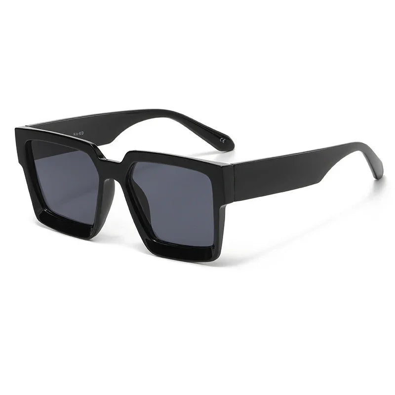 black square frame sunglasses with dark tinted lenses and thick temples on white background